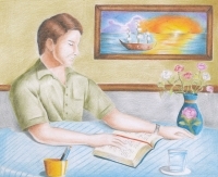 Colored drawing of man reading a Bible at a table
